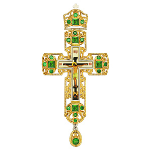 Крест наперсный латунный с украшениями, 8х17 см, зеленые камни (с цветной печатью)