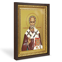 Икона Николая Чудотворца, в широком багете, цвет "темный дуб", на холсте, с золочением