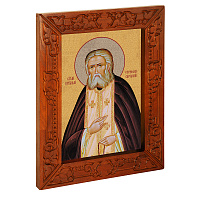 Икона преподобного Серафима Саровского, в узкой резной раме, цвет "кипарис", холст с золочением, ширина рамы 7 см