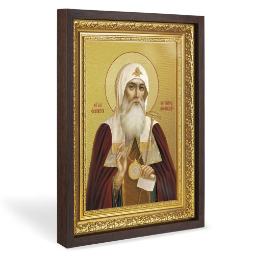 Икона священномученика Ермогена, Патриарха Московского и всея Руси, в широком багете, цвет "темный дуб", на холсте, с золочением