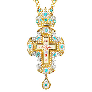 Крест наперсный серебряный, с цепью, в позолоте, голубые и белые фианиты, высота 18 см (вес 275 г)