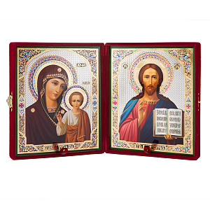 Складень венчальный с ликами Спасителя и Божией Матери "Казанская", 18,5х22 см, бархат, №2 (бордовый)