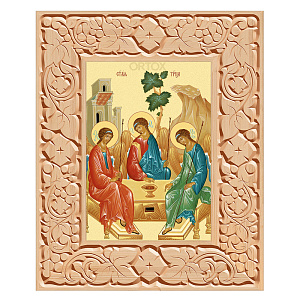 Икона Пресвятой Троицы в резной рамке, цвет "натуральное дерево", ширина рамки 12 см (29,7x42 см (А3))
