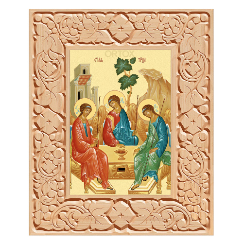 Икона Пресвятой Троицы в резной рамке, цвет "натуральное дерево", ширина рамки 12 см