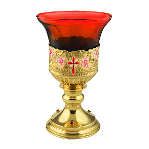 Лампада из ювелирного сплава "Цветы" в позолоте с камнями (красный стаканчик)