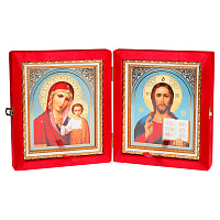 Складень венчальный с ликами Спасителя и Божией Матери "Казанская", красный бархат, багет, 20х23 см