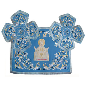 Покровцы вышитые голубые с иконой "Неупиваемая чаша", шелк (бахрома)