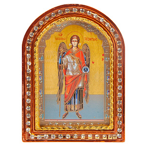 Икона настольная Архангела Михаила, пластиковая рамка, 6,4х8,6 см (с держателем)