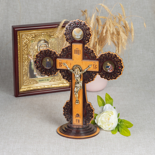 Крест настольный деревянный с латунным распятием, 36х45 см фото 2