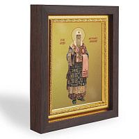 Икона Алексия, митрополита Московского, святителя, в узком багете, цвет "темный дуб", на холсте, с золочением