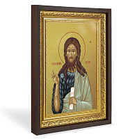 Икона Иоанна Крестителя в широком багете, цвет "темный дуб", на холсте, с золочением