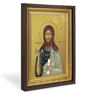 Икона Иоанна Крестителя в широком багете, цвет "темный дуб", на холсте, с золочением (21х29,7 (А4))