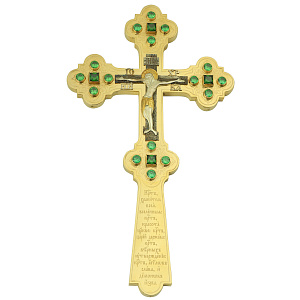 Крест напрестольный из ювелирного сплава в позолоте, фианиты, 17,5х31 см (зеленые фианиты)