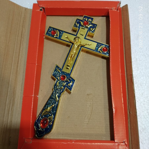 Крест напрестольный латунный синий, 14х26 см, красные камни, У-0634 фото 3