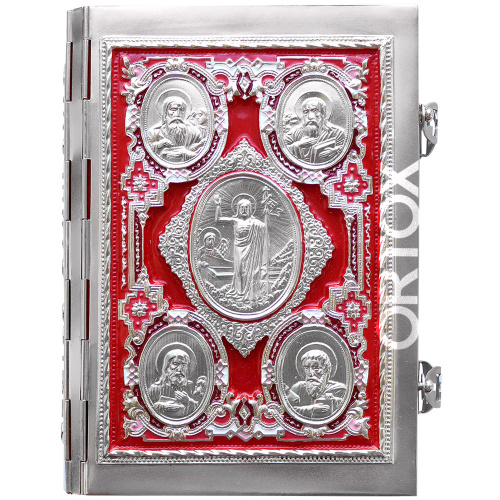 Евангелие требное среднее красное, полный оклад "под серебро", эмаль, 17х22 см