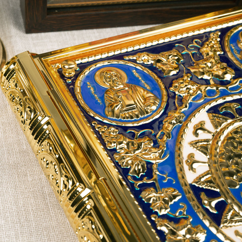 Оклад для Евангелия напрестольного, цинковый сплав, цвет "под золото", синяя эмаль, 25х5х35 см фото 6