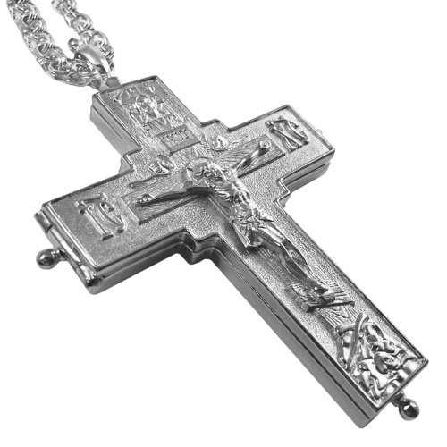 Крест-мощевик наперсный латунный в серебрении с цепью, 6,5х9 см фото 5