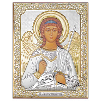Икона греческая Ангела Хранителя, на темной деревянной основе, металлический оклад, 12х16 см