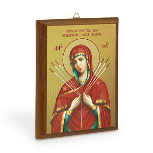 Икона Божией Матери "Семистрельная" (Умягчение злых сердец) на деревянной основе, цвет "кипарис", на холсте с золочением (9х12 см (под икону А7))