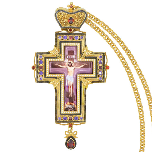 Крест наперсный серебряный, с цепью, позолота и красные камни