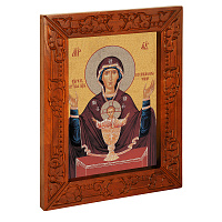 Икона Божией Матери "Неупиваемая Чаша", в узкой резной раме, цвет "кипарис", холст с золочением, ширина рамы 7 см