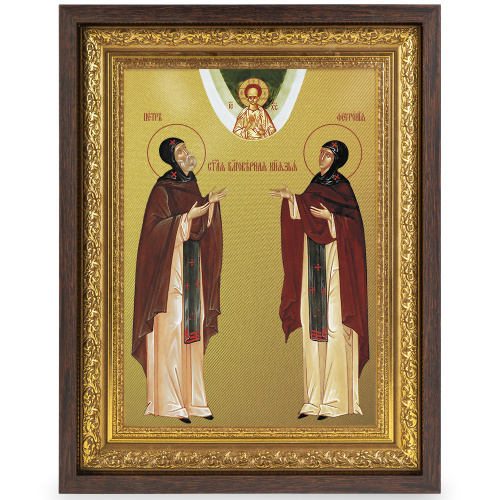 Икона благоверных князя Петра и княгини Февронии Муромских, в широком багете, цвет "темный дуб", на холсте, с золочением фото 2