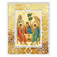 Икона Пресвятой Троицы в резной рамке, цвет "белый с золотом" (поталь), ширина рамки 12 см