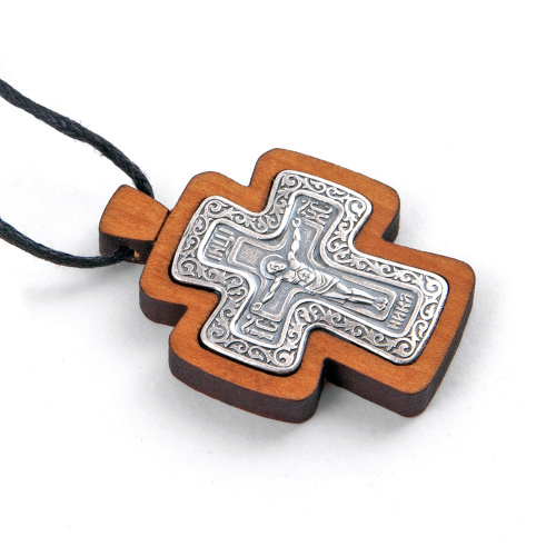 Нательный крестик деревянный с распятием из мельхиора в серебрении, 2,7х3,7 см фото 4 Нательный крестик деревянный с распятием из мельхиора в серебрении, 2,7х3,7 см фото 4