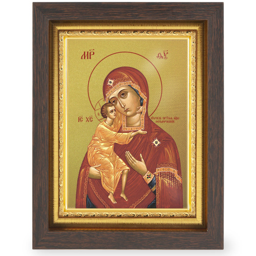 Икона Божией Матери "Феодоровская" в узком багете, цвет "темный дуб", на холсте, с золочением фото 2
