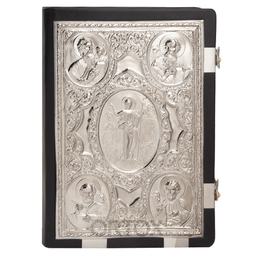 Евангелие напрестольное чёрное, оклад "под серебро", кожа, 24х31 см