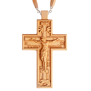 Крест наперсный протоиерейский деревянный светлый резной, с цепью, 7х12 см (защитный лак)