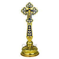 Крест требный / напрестольный латунный с подставкой, синяя и белая эмаль