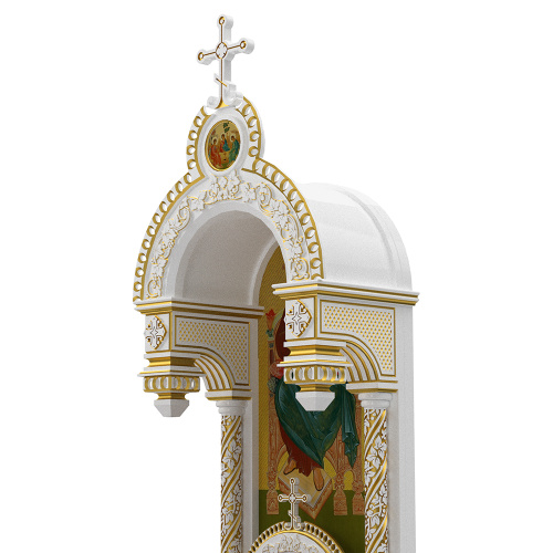 Архиерейский трон с сенью "Романовский" белый с золотом (патина), 113х89х351 см фото 6