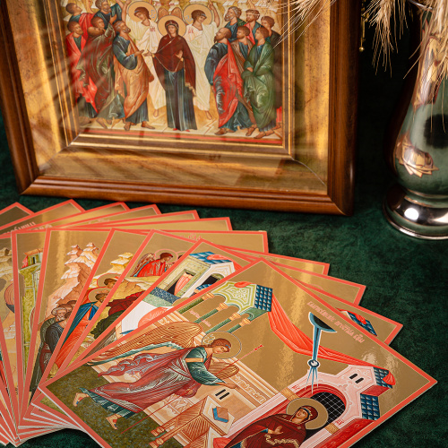 Комплект икон "Двунадесятые праздники" в киоте (широкий багет с золочением), 13 икон, 17,2х20,8 см, картон фото 5