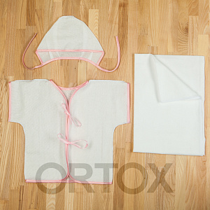 Крестильный набор на младенца (размер 56-62) с бейкой, ситец (бело-розовый набор)