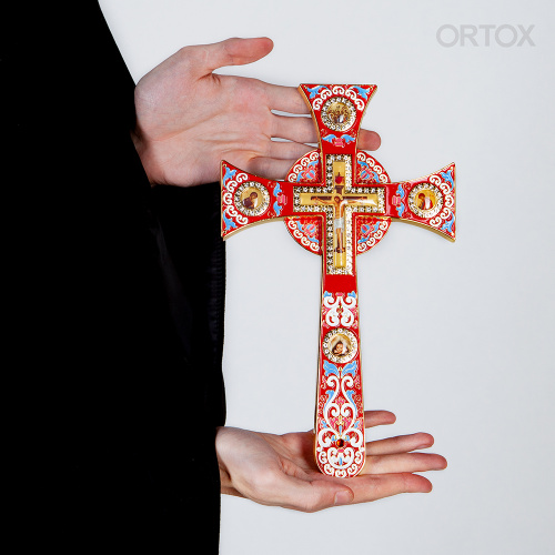 Крест требный четырехконечный, красная эмаль, камни, 17х29 см фото 17