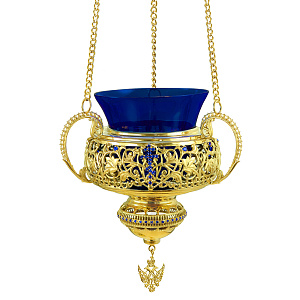 Лампада подвесная из ювелирного сплава в позолоте c подвеской, 16х20,5 см (синий стаканчик)