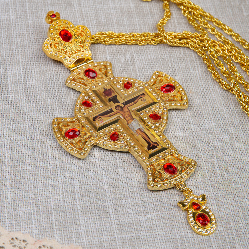 Крест наперсный с цепью, цинковый сплав, камни, 8,2х17,5 см фото 4