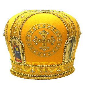 Митра бархатная желтая с вышитыми крестами, иконы литография (5 икон)
