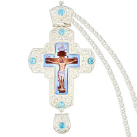 Крест наперсный серебряный, с цепью, голубые фианиты
