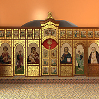 Иконостас двухъярусный (Московская область), цвет "кипарис" с золотом (поталь), с напольными киотами, 608х377,7х16 см