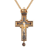 Крест латунный наперсный с цепью, 6,5х14 см, позолота, фианиты, эмаль