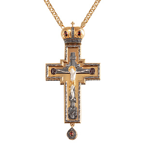 Крест латунный наперсный с цепью, 6,5х14 см, позолота, фианиты, эмаль (голубые фианиты)