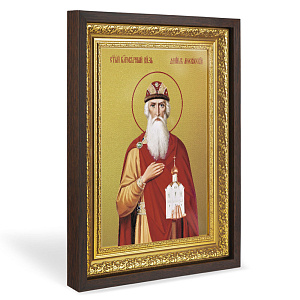Икона благоверного князя Даниила Московского, в широком багете, цвет "темный дуб", на холсте, с золочением  (33,5х42,2 см (под икону А4))