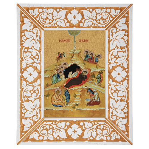 Икона Рождества Христова, в широкой резной раме, белая с золотом (патина), холст с золочением, ширина рамы 12 см фото 2