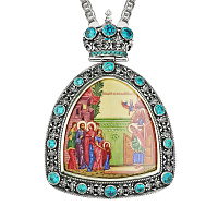 Панагия серебряная с финифтевым образом и цепью, голубые фианиты, высота 13 см