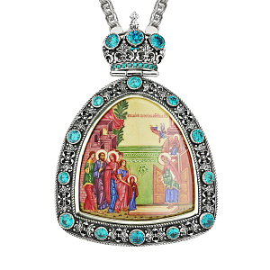 Панагия серебряная с финифтевым образом и цепью, голубые фианиты, высота 13 см (металл)