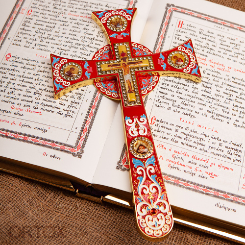 Крест требный четырехконечный, красная эмаль, камни, 17х29 см фото 14