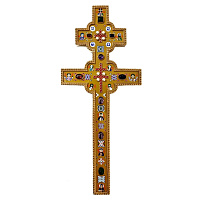 Крест напрестольный латунный в позолоте с фианитами и жемчугом, 14,5х33,6 см