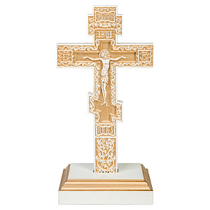 Крест настольный белый с золотом (патина), с подставкой, 17х3,8х31,5 см (ясень)